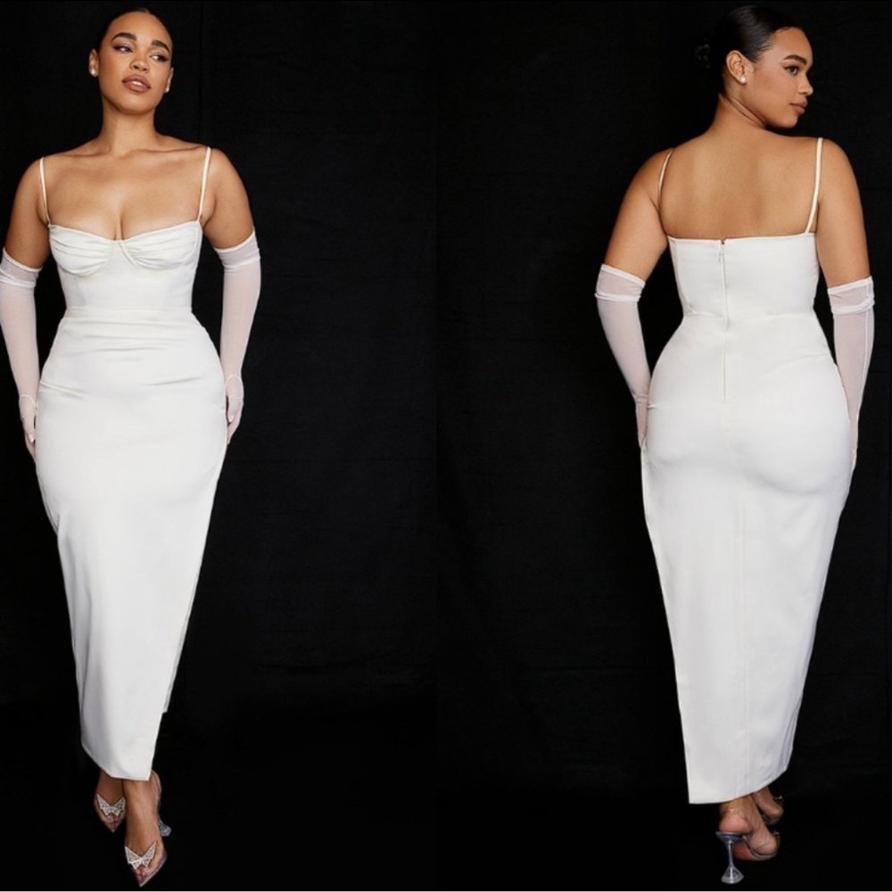 NWOT HOUSE OF CB Flora Ivory Satin Corset Side Slit Midi Dress sz L PLUS CUP - Picture 2 of 9